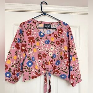 ModCloth Pink Floral Button-Front Tie Blouse